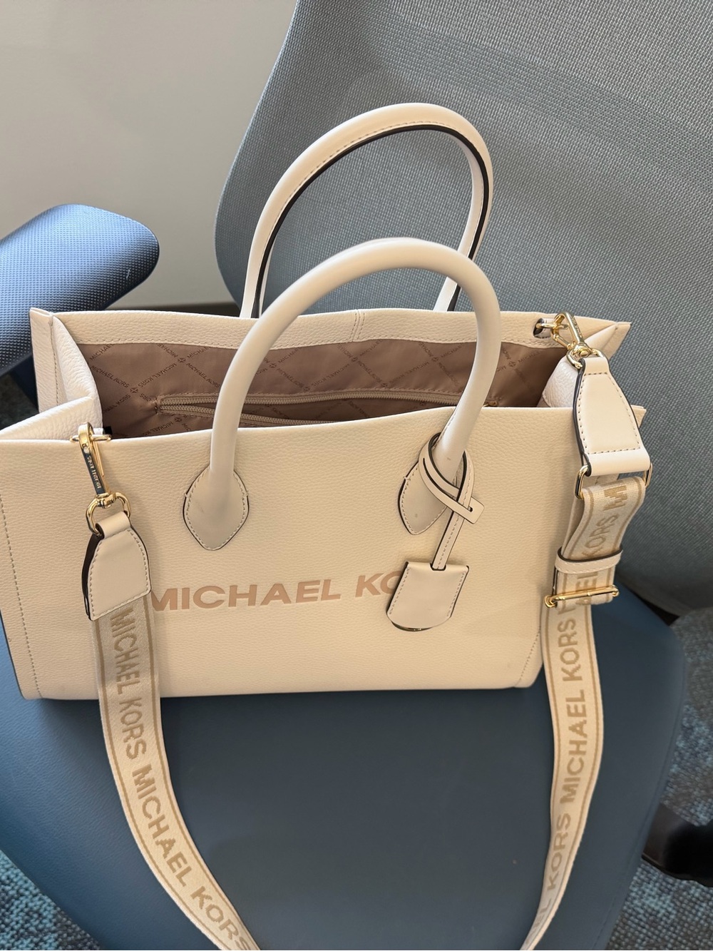 Michael Kors Beige-Cream Leather Logo Tote with Branded Strap